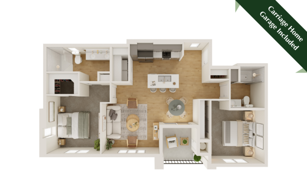 B3 - 2 bedroom floorplan layout with 2 baths and 1075 square feet.