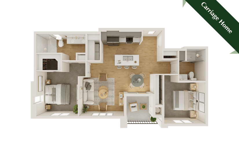 B3 floor plan artist rendering with staged furniture